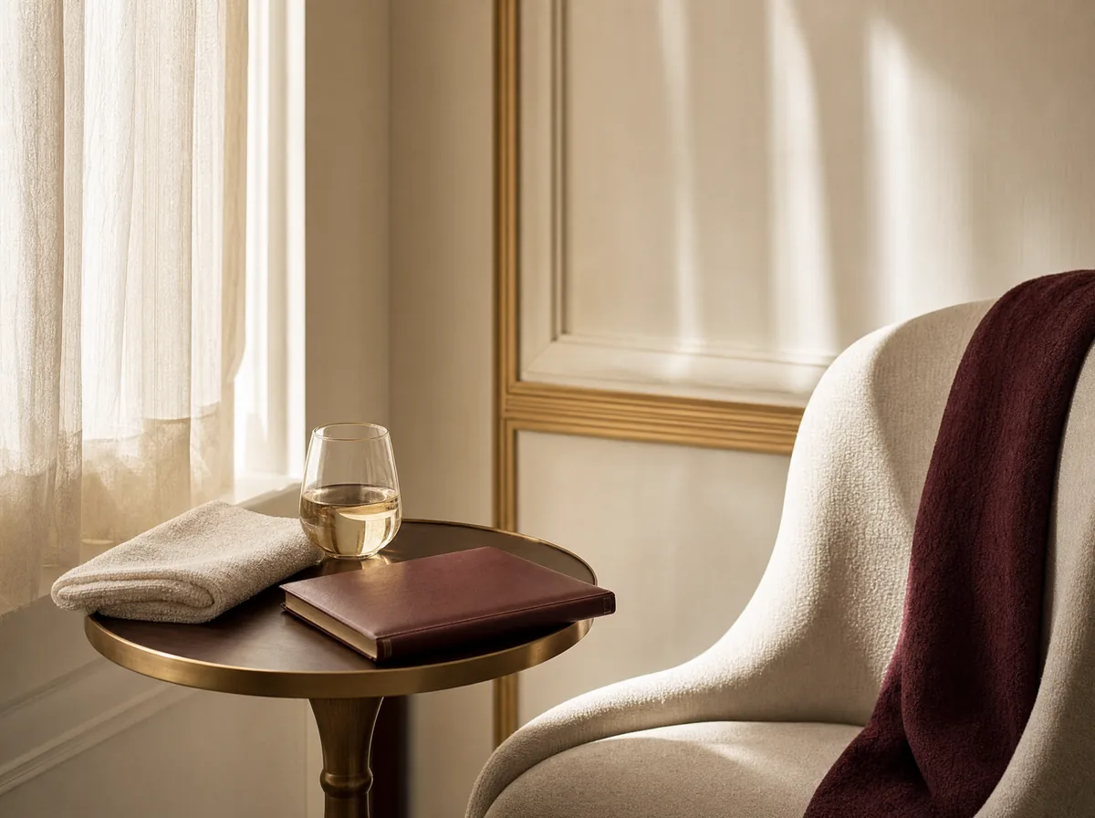 A serene corner of the clinic in soft daylight, a clean and tasteful wellness setting