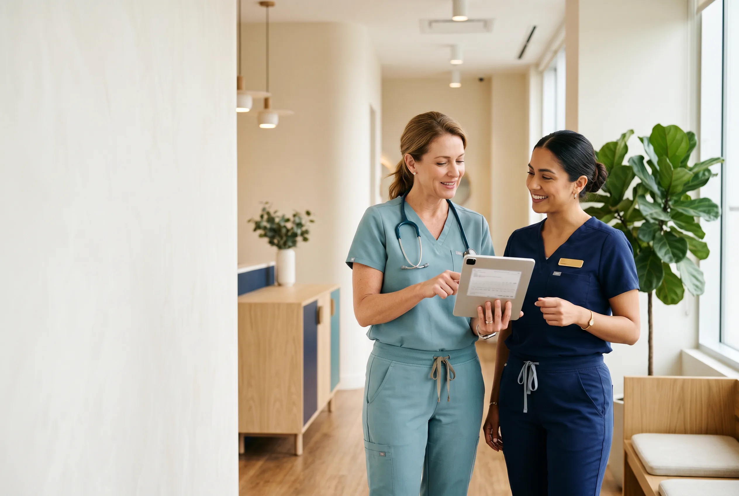 Two Precision nurse-clinicians reviewing a patient chart together in a bright, calm clinic - the provider-led care behind the practice