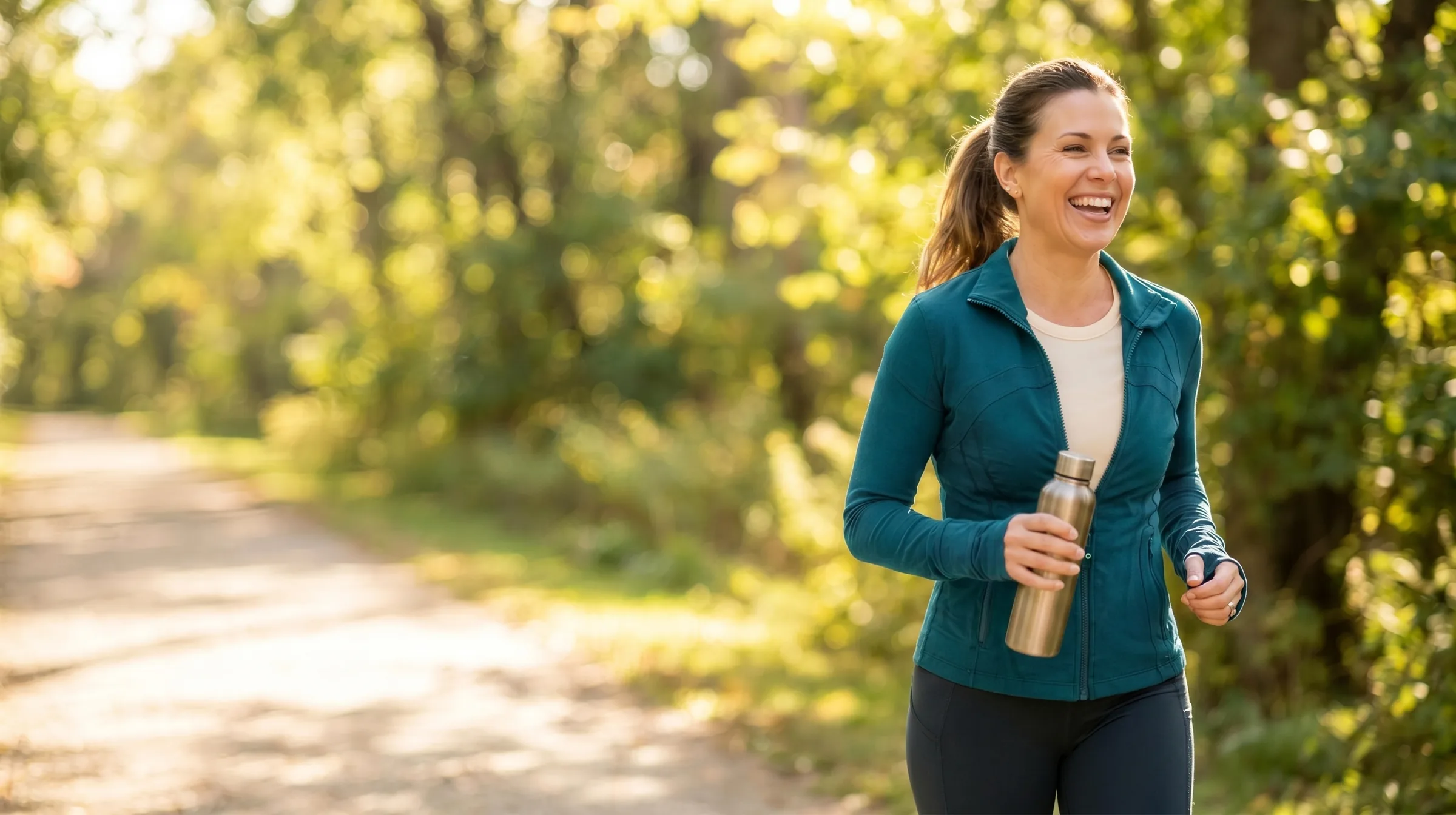 A confident, healthy woman out walking in warm morning light, energized and feeling her best