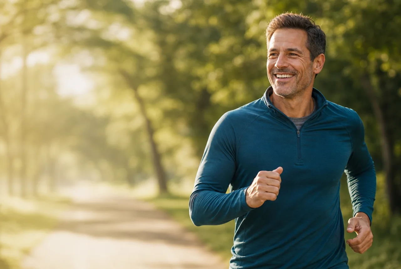 A confident, healthy adult out on a sunlit wooded path, energized and feeling his best