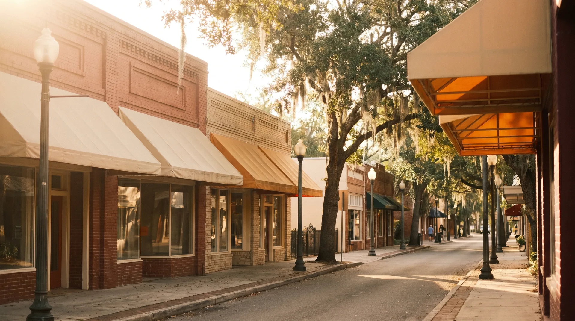 A warm golden-hour view of a historic small-town main street in Plant City, Florida